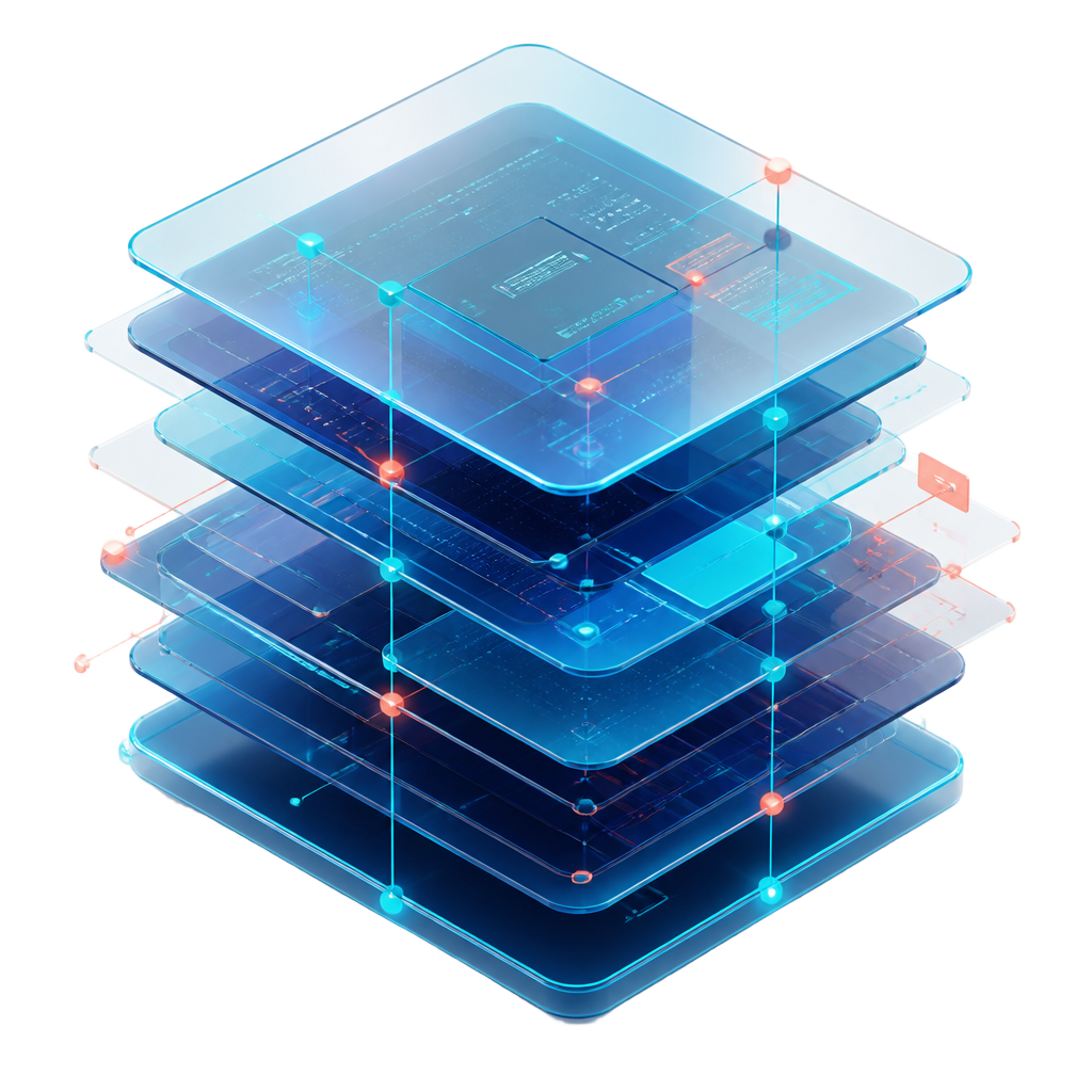 Layered translucent glass panels linked by soft glowing threads, an abstract representation of connected care