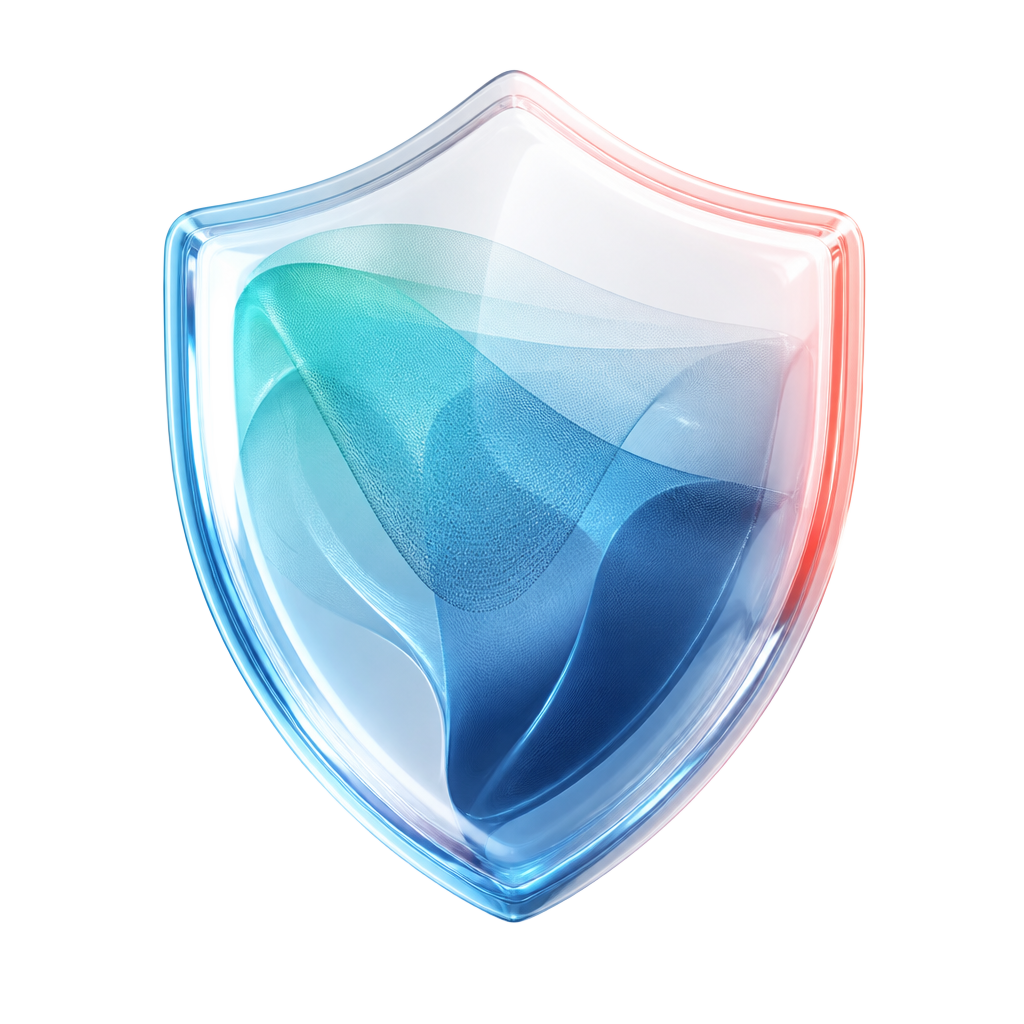 Abstract translucent glass shield with teal and blue gradient mesh, representing safety engineering